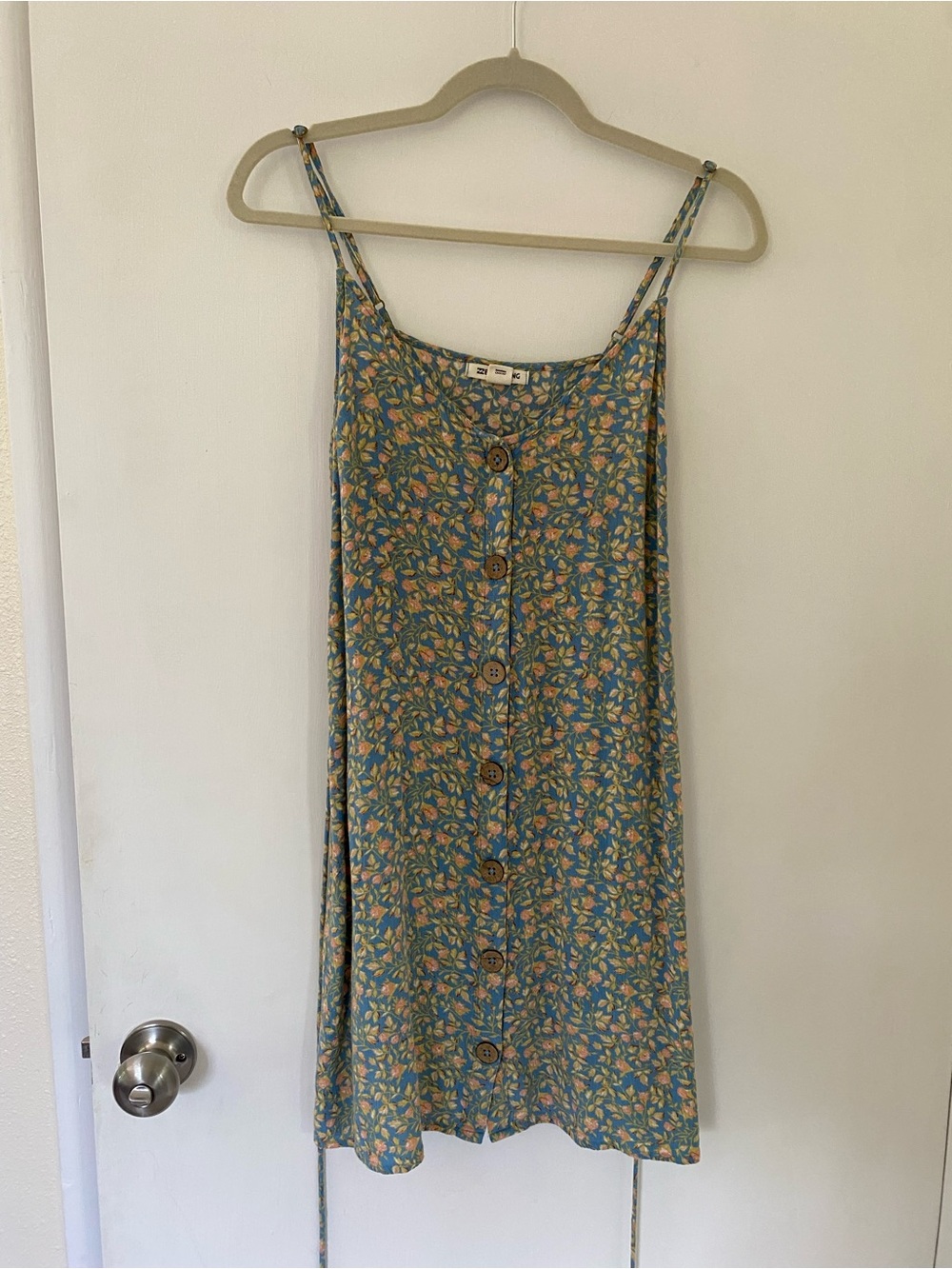 Billabong Blue Floral Button-Front Sun Dress 90s style slip dress tie-back